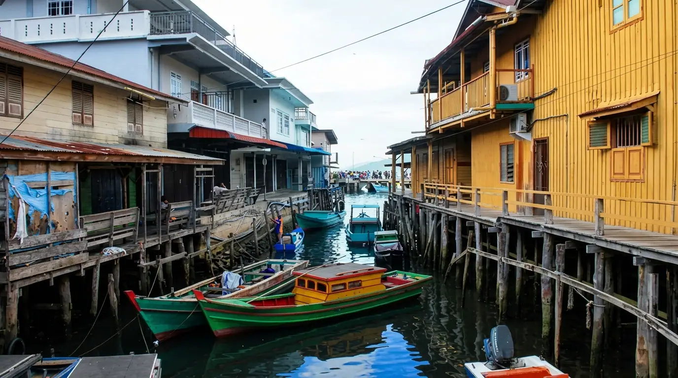 Traditional stilt houses and colorful boats along the waterfront in Belakang Padang, Batam.