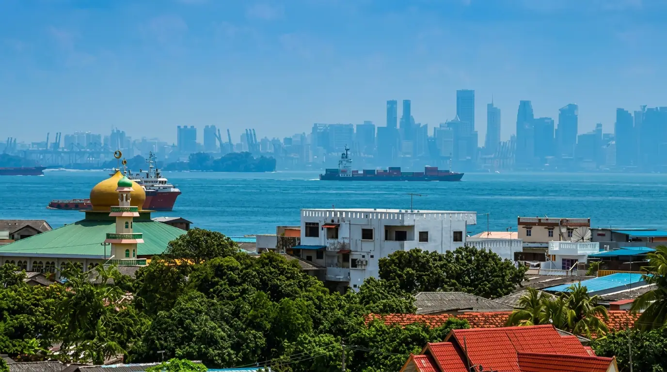View from Belakang Padang toward the Singapore skyline across the sea.