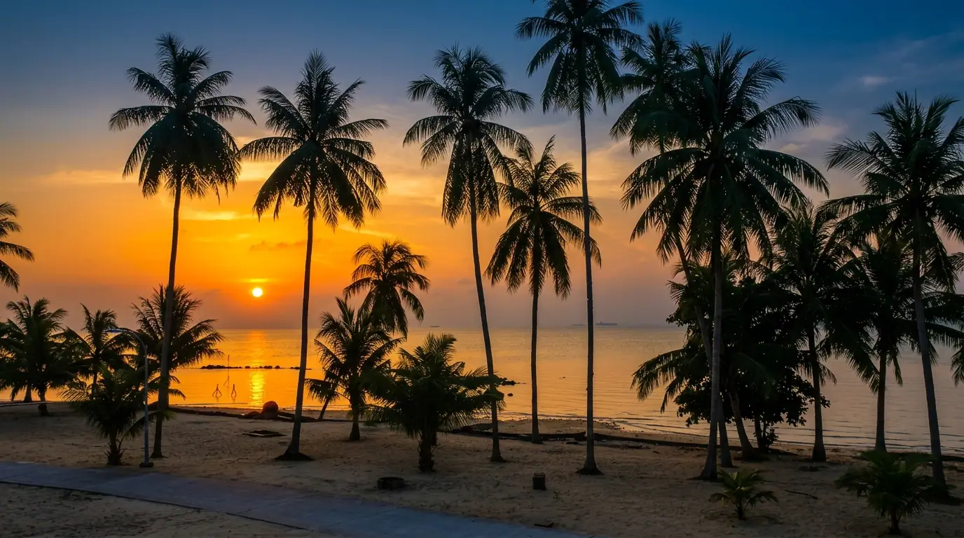 Sunset over the beach and palm trees in Belakang Padang, Batam.